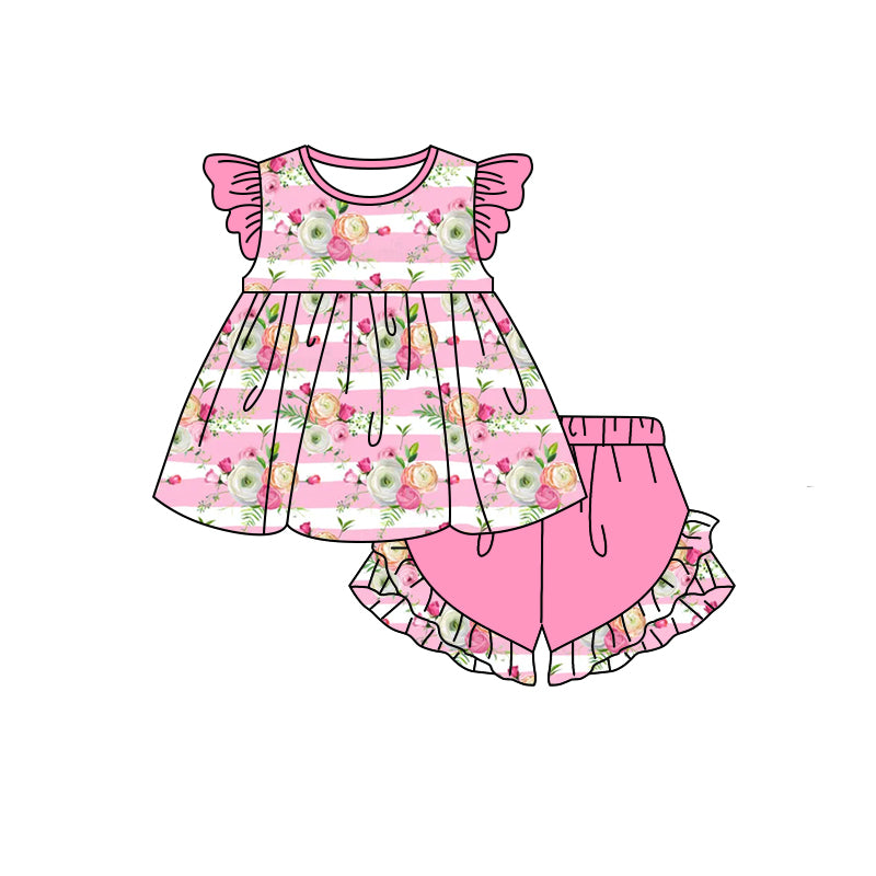 Baby Girls Pink Stripes Flowers Flutter Sleeve Tunic Top Ruffle Shorts Clothes Sets Preorder