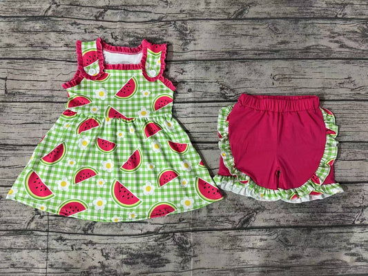 Baby Girls Green Checkered Watermelon Tunic Top Ruffle Shorts Clothes Sets
