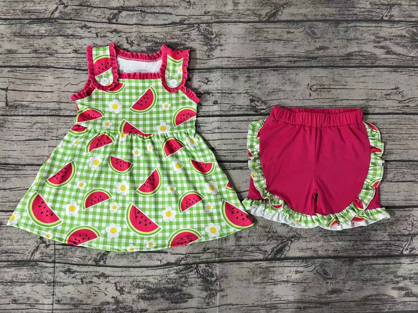 Baby Girls Green Checkered Watermelon Tunic Top Ruffle Shorts Clothes Sets