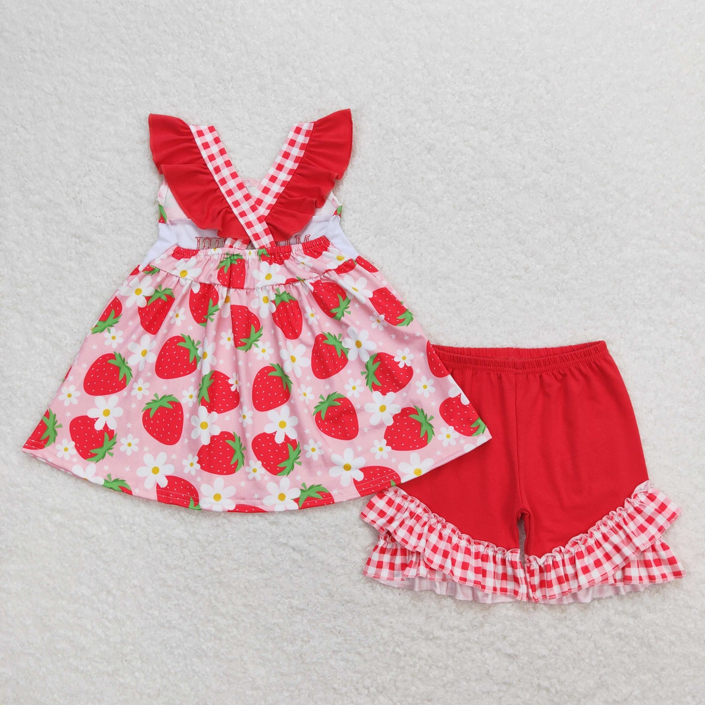 USA Shop Embroidery Mama's Girls Strawberry Tunic Ruffle Short Clothes Set