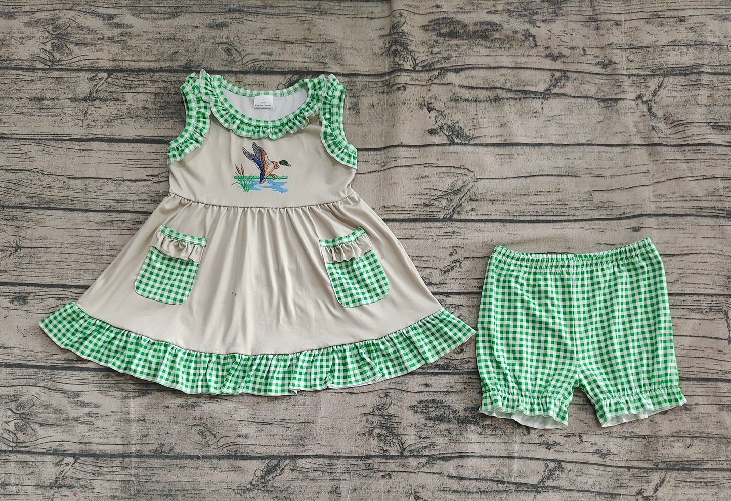 Baby Girls Duck Green Checkered Tunic Top Shorts Clothes Sets