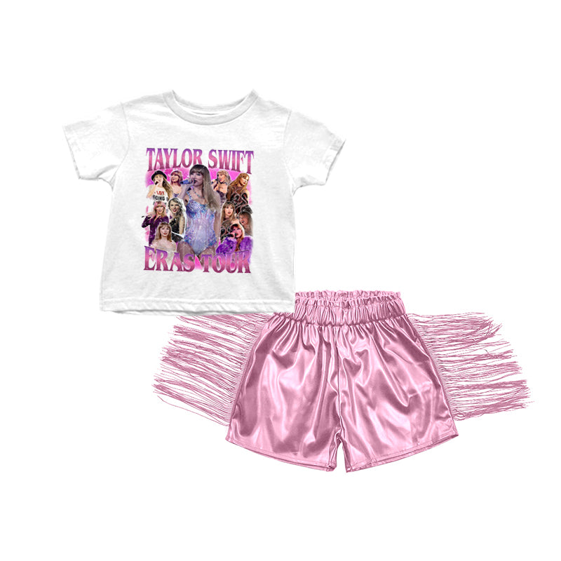 Baby Girls White Singer Eras Shirts Tops Leather Tassel Shorts Clothes Sets Preorder