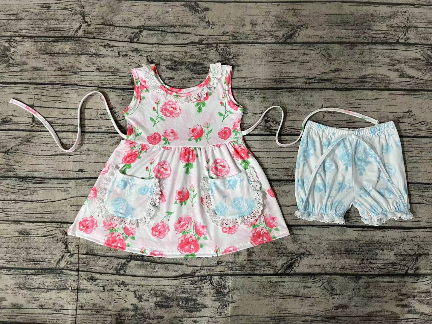Baby Girls Pink Flowers Sleeveless Tunic Top Ruffle Shorts Clothes Sets
