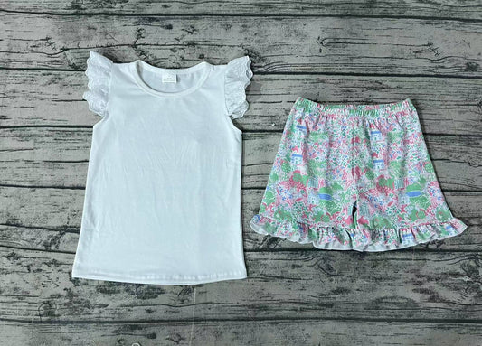 Baby Girls White Flutter Tee Shirt Ruffle House Grass Shorts Clothes Sets