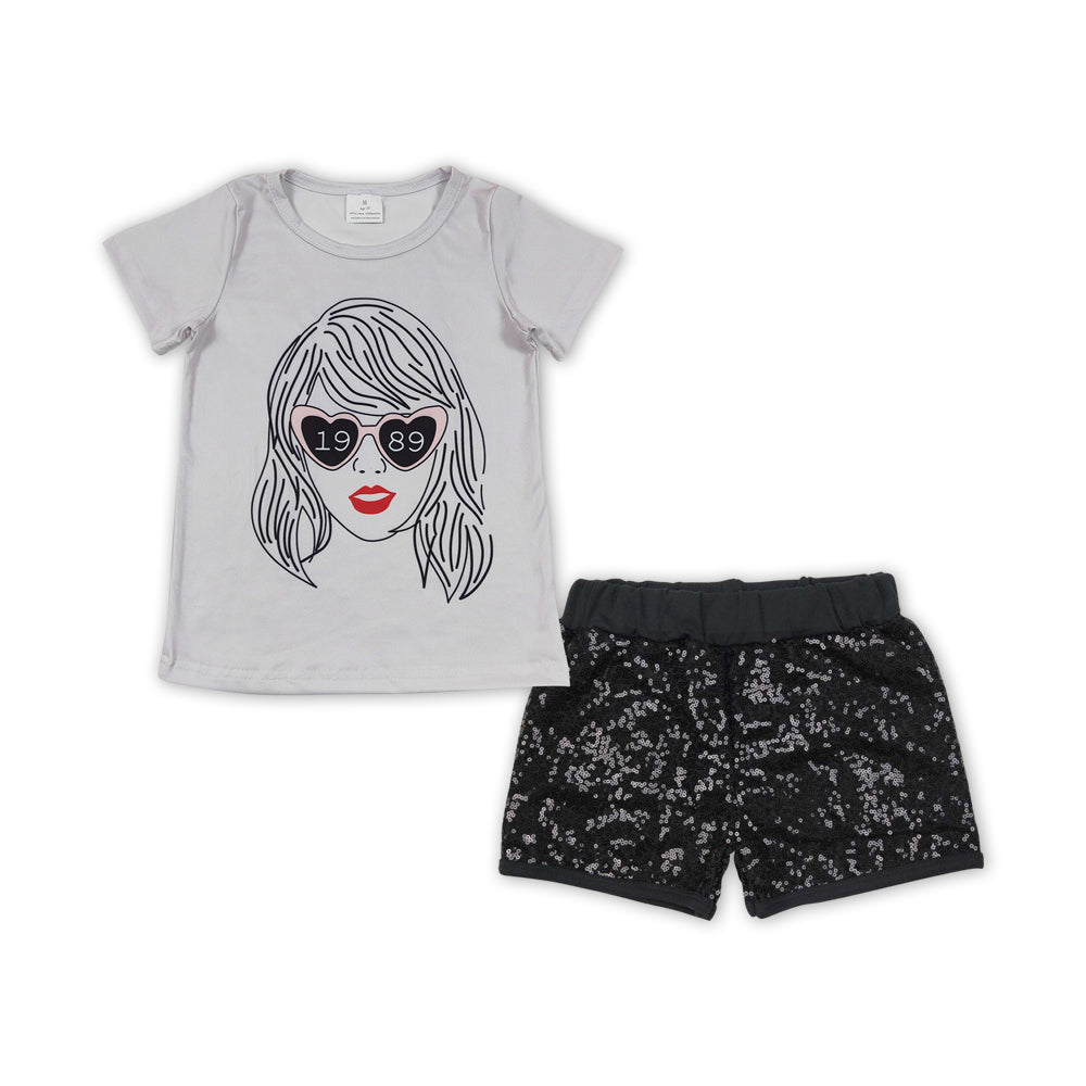 Baby Girls Singer Grey Shirt Black Sequin Shorts Clothes Sets
