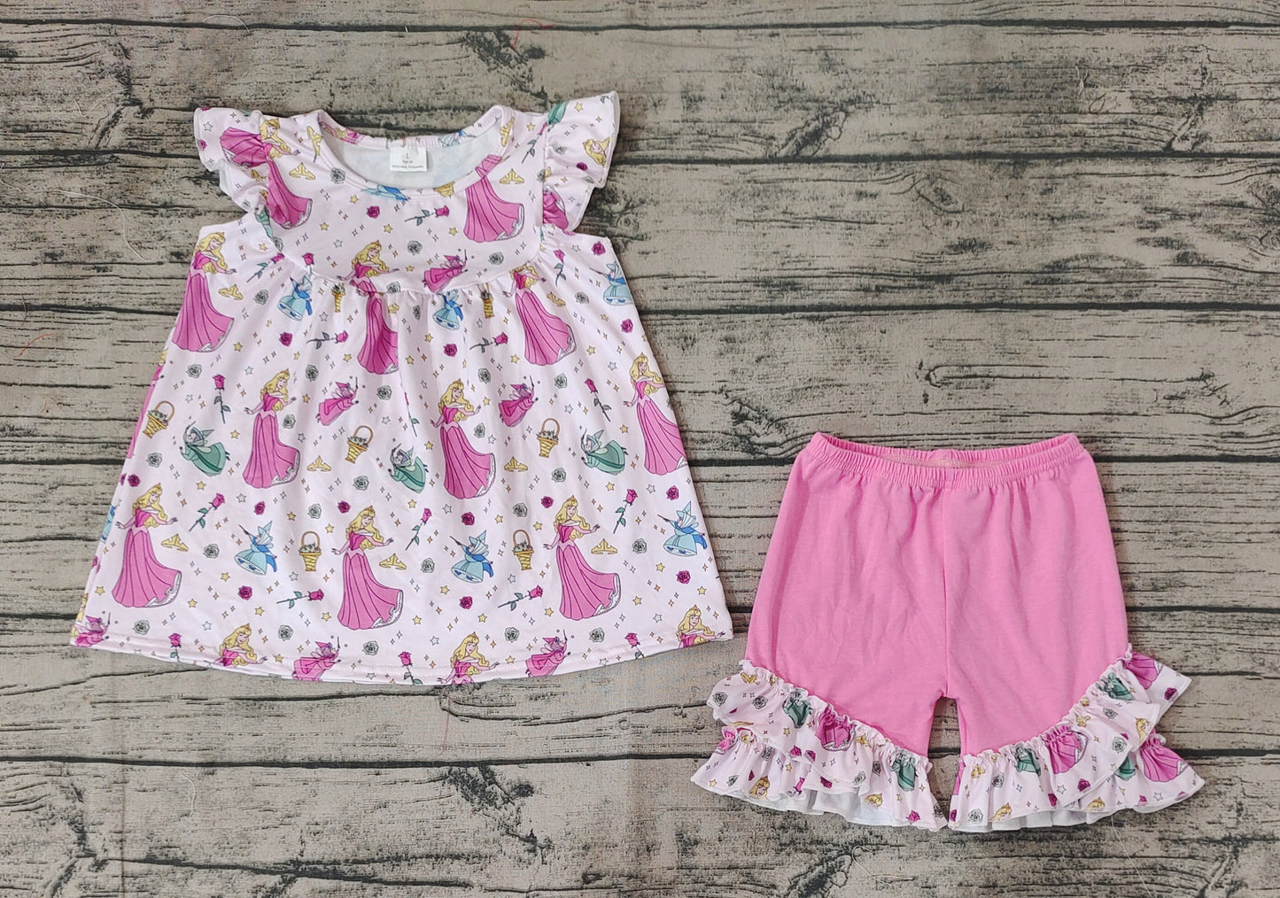 Baby Girls Pink Princess Flowers Tunic Ruffle Shorts Clothes Sets