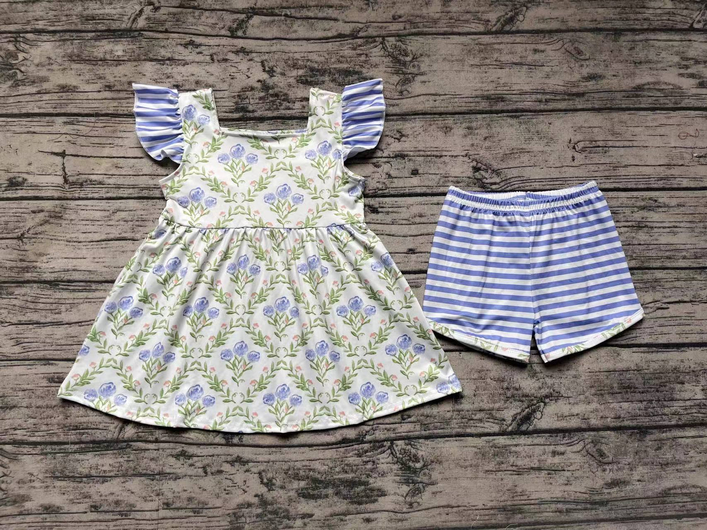 Baby Girls Green Blue Flowers Flutter Sleeve Tunic Top Shorts Clothes Sets
