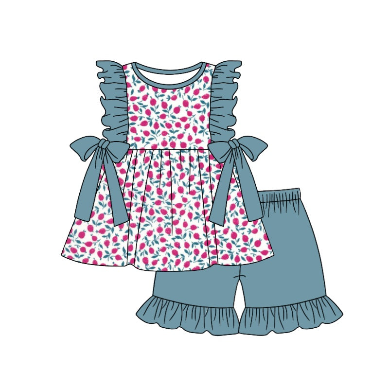 Baby Girls Red Flowers Bows Tunic Top Summer Shorts Clothes Sets Preorder