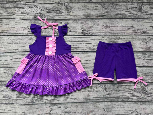 Baby Girls Black Purple Dots Princess Flutter Sleeve Tunic Top Shorts Clothes Sets