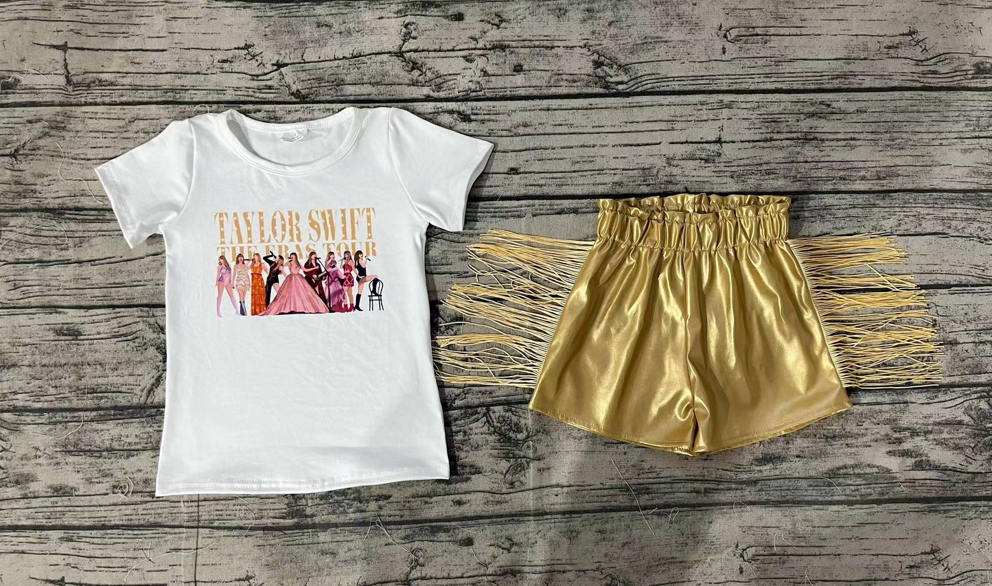 Baby Girls White Singer Eras Shirts Tops Leather Gold Tassel Shorts Clothes Sets
