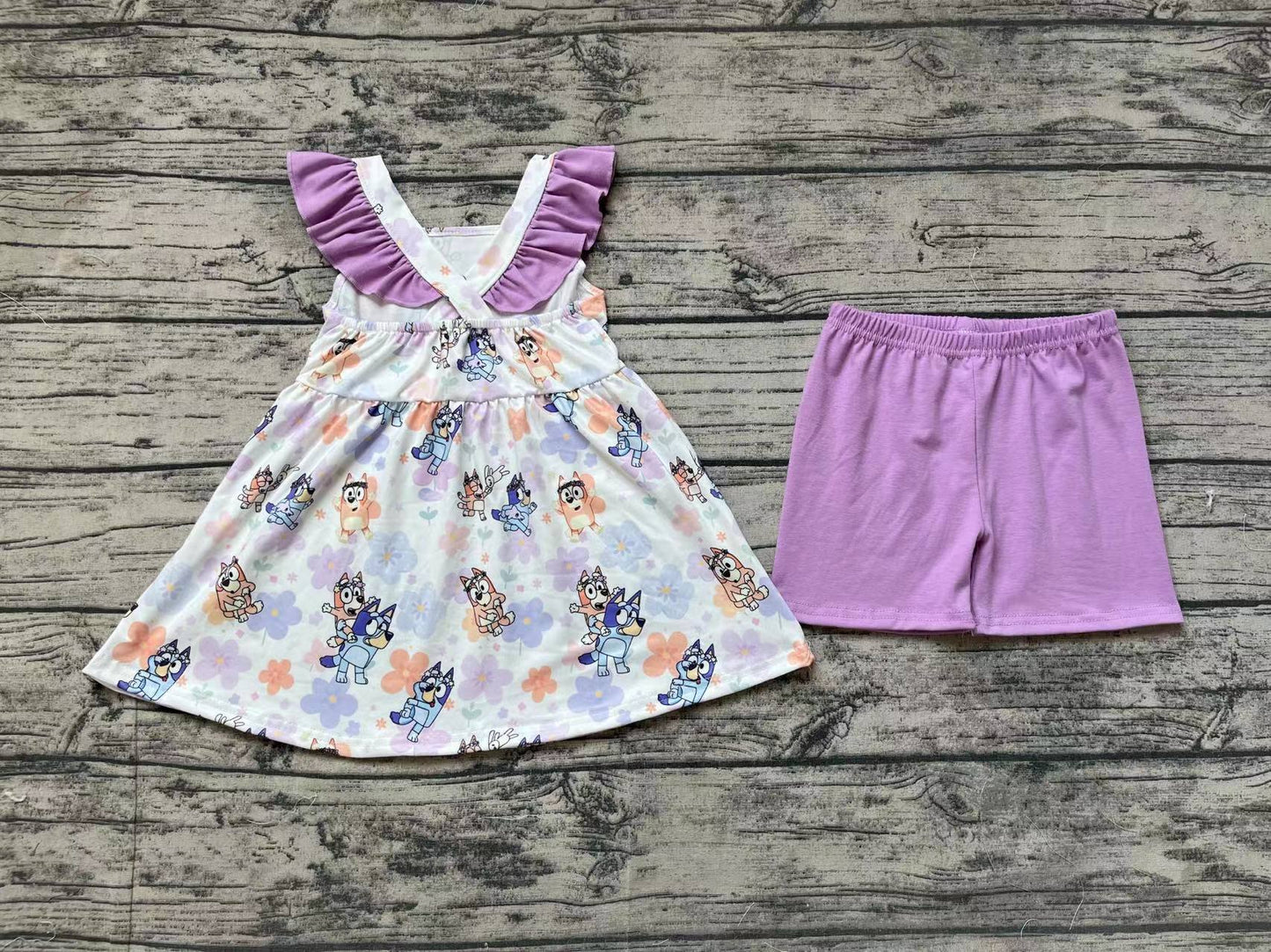Baby Girls Dogs Flowers Tunic Lavender Shorts Clothes Sets