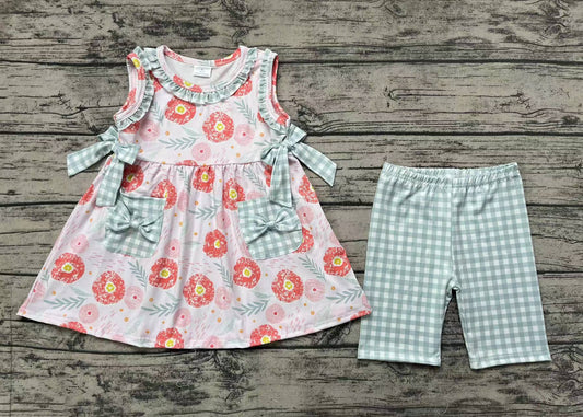 Baby Girls Flowers Tunic Green Checkered Shorts Clothes Sets