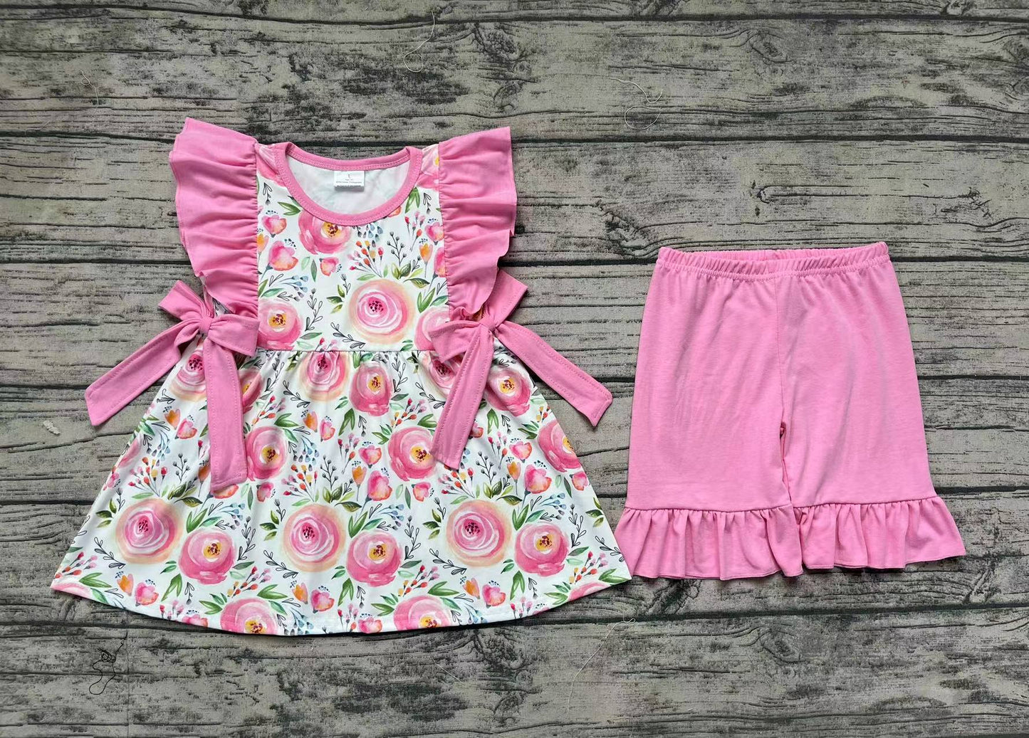 Baby Girls Pink Rose Flowers Ruffle Bows Tunic Shorts Clothes Sets