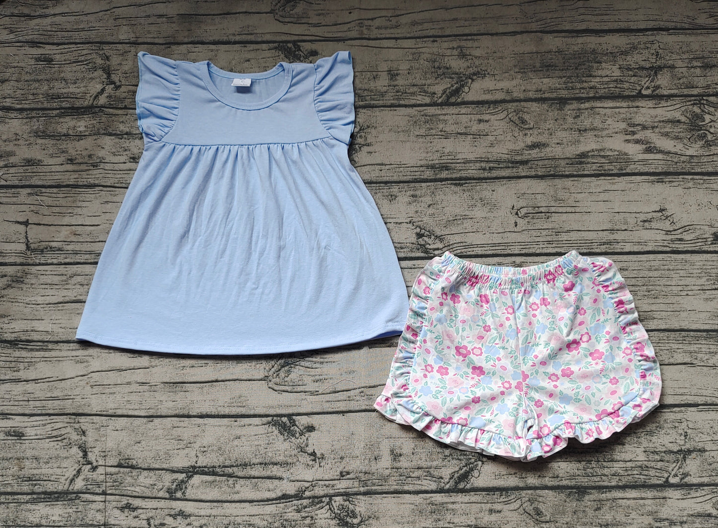 Baby Girls Blue Flutter Sleeve Tunic Top Ruffle Floral Shorts Clothes Sets
