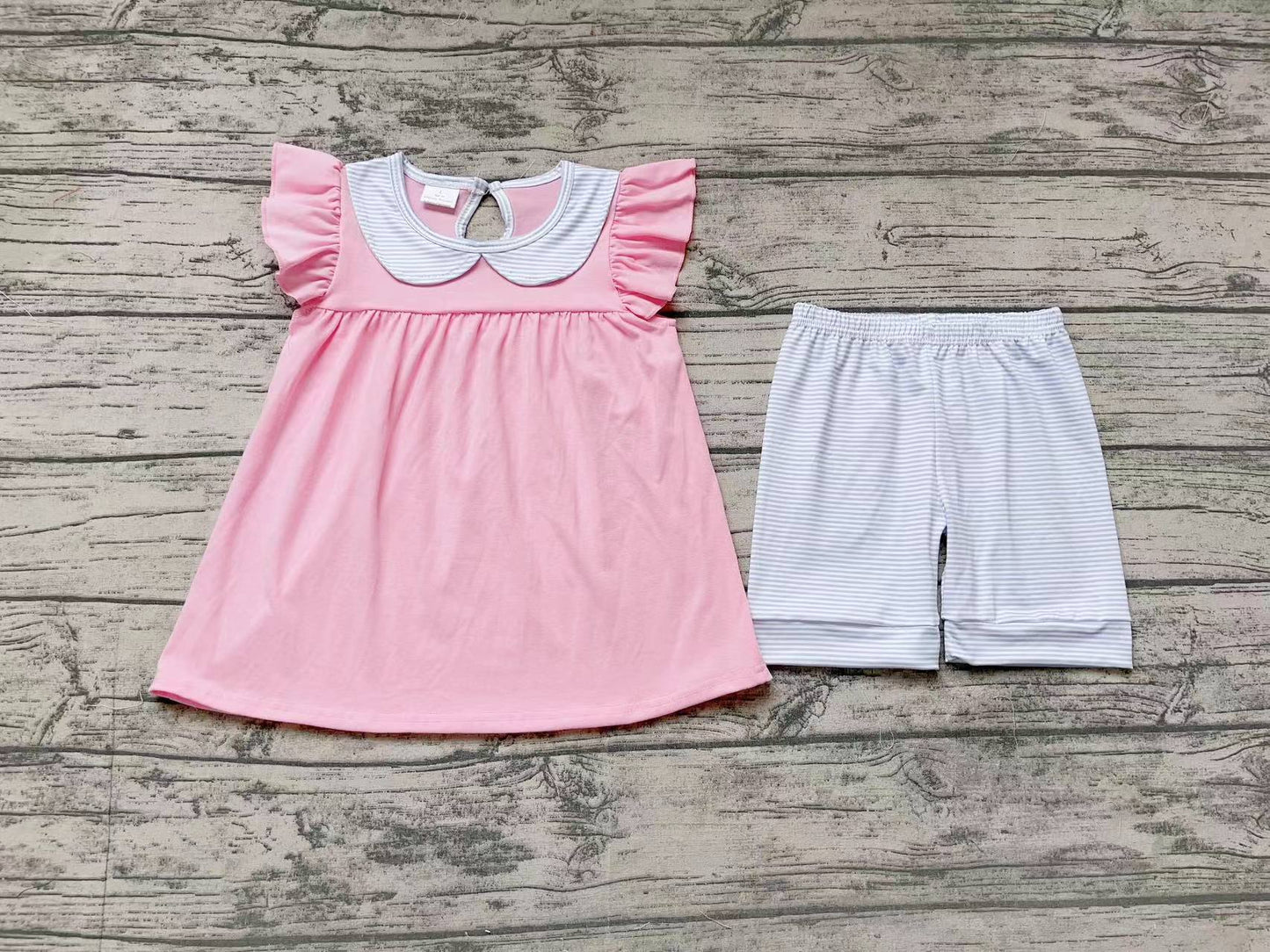 Baby Girls Light Pink Flutter Sleeve Ruffle Tunic Shorts Clothes Sets