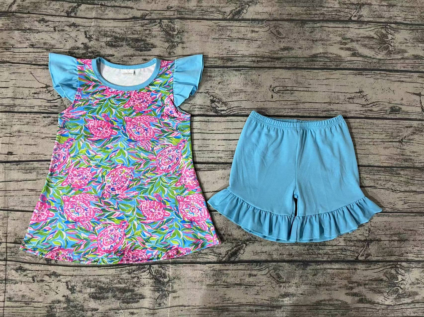 Baby Girls Blue Turtle Tunic Ruffle Shorts Clothes Sets