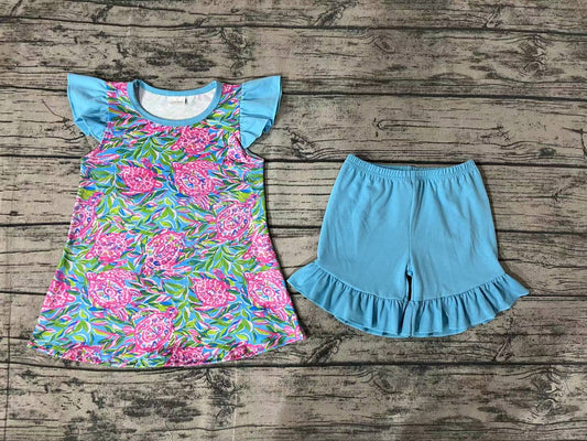 Baby Girls Blue Turtle Tunic Ruffle Shorts Clothes Sets