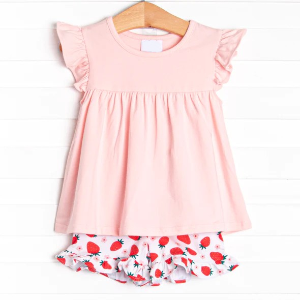 Baby Girls Pink Tunic Ruffle Strawberry Shorts Clothes Sets Preorder