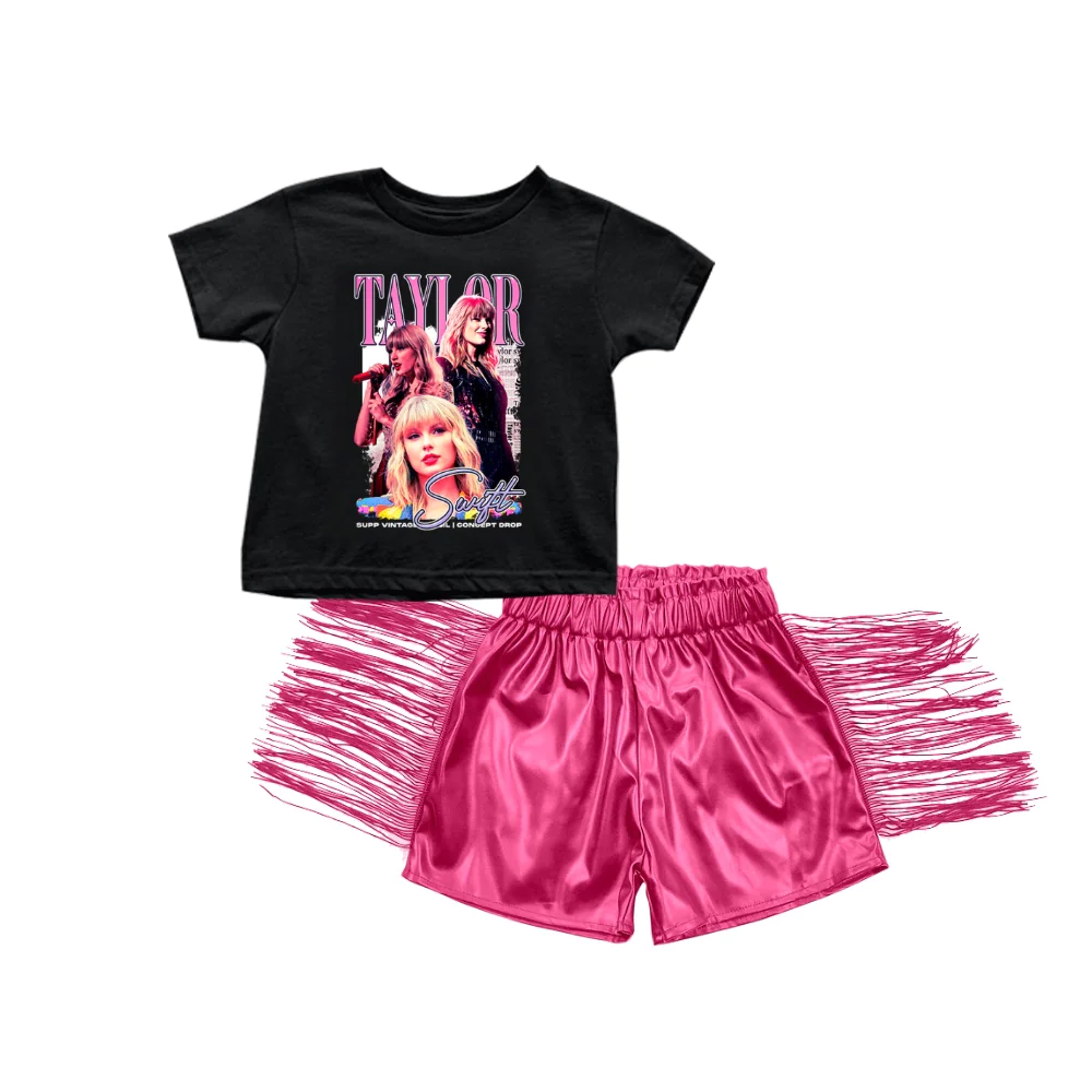 Baby Girls Singer Shirts Tops Dark Pink Leather Tassel Shorts Clothes Sets Preorder