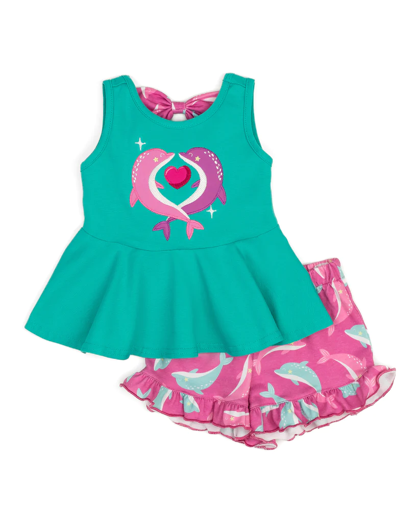 Baby Girls Dolphin Sleeveless Tunic Ruffle Shorts Clothes Sets Preorder