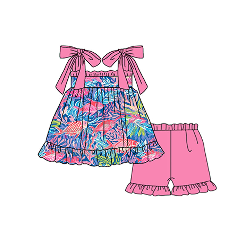 Baby Girls Straps Fishes Tunic Top Ruffle Shorts Clothes Sets Preorder