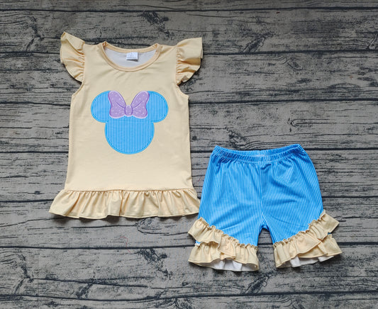 Baby Girls Flutter Sleeve Mouse Shirt Top Stripes Shorts Clothes Sets