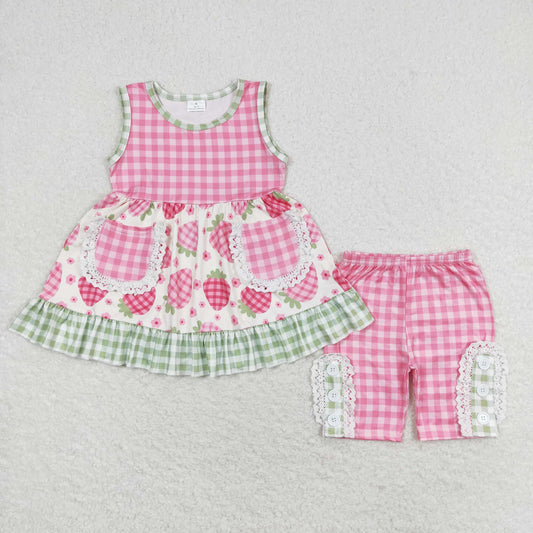 Sibling Baby Girls Pink Checked Strawberry Pockets Tunic Shorts Clothes Sets Collar Jumpsuits