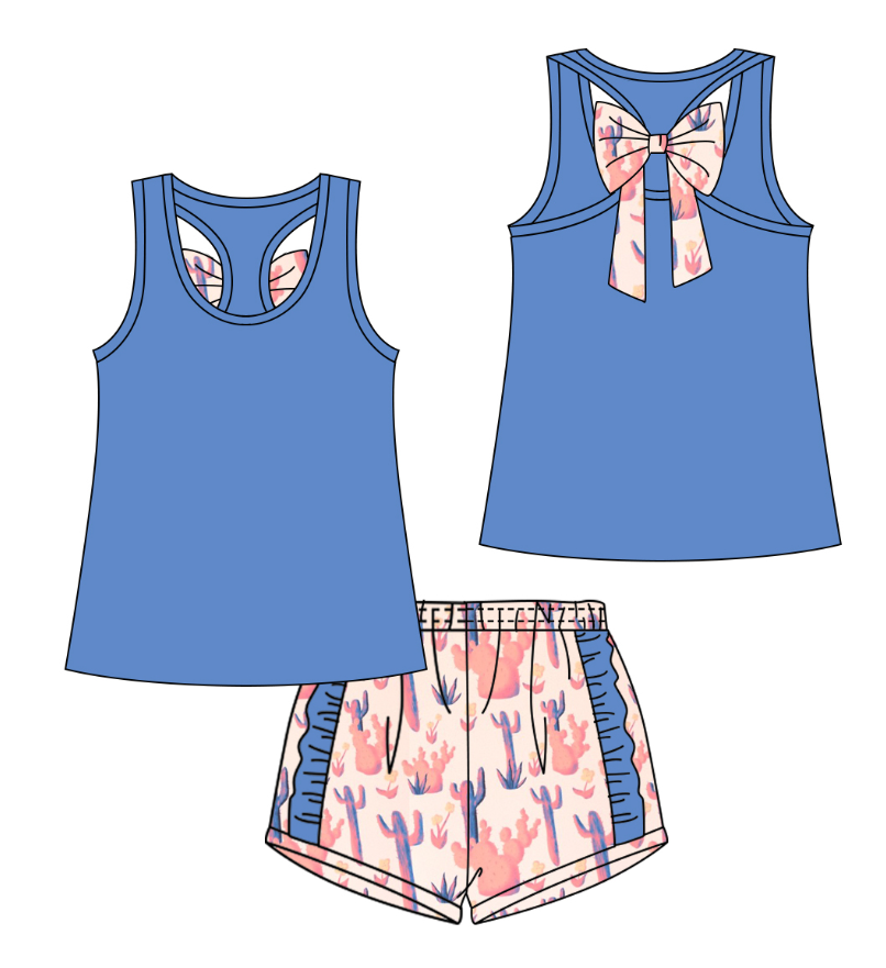 Preorder moq 5 Baby Girls Bows Vest Shirt Ruffle Blue Cactus Shorts Clothes Sets