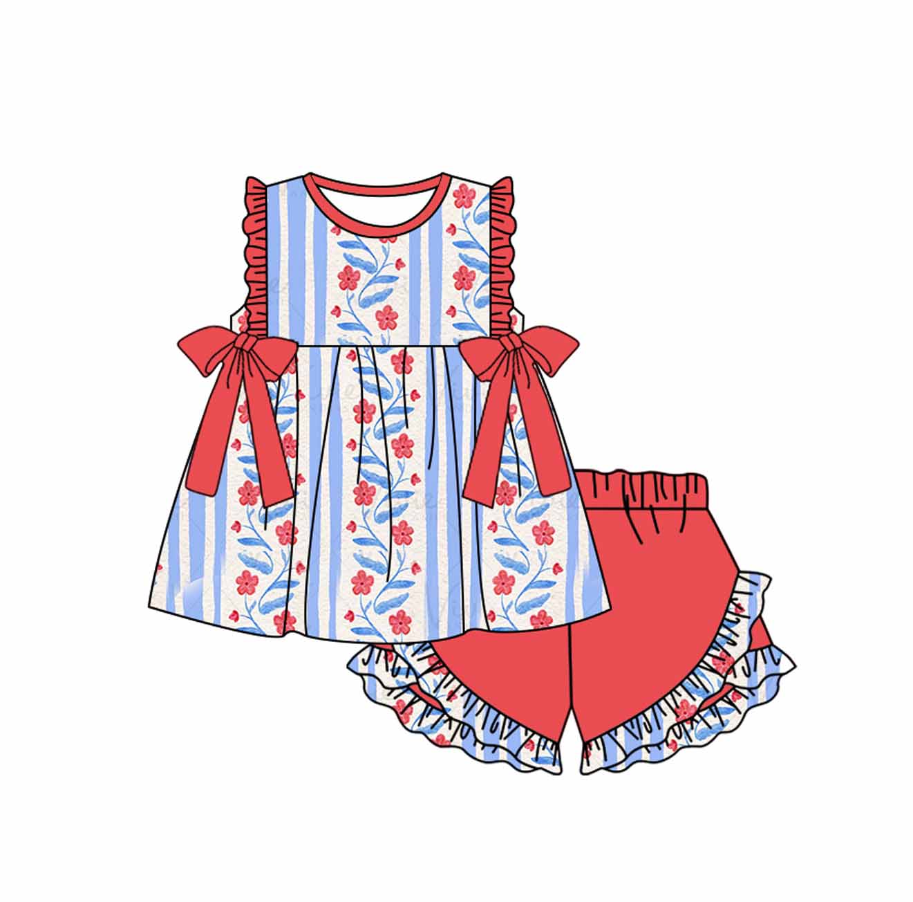 Baby Girls Blue Stripes Flowers Bows Tunic Ruffle Shorts Clothes Sets Preorder
