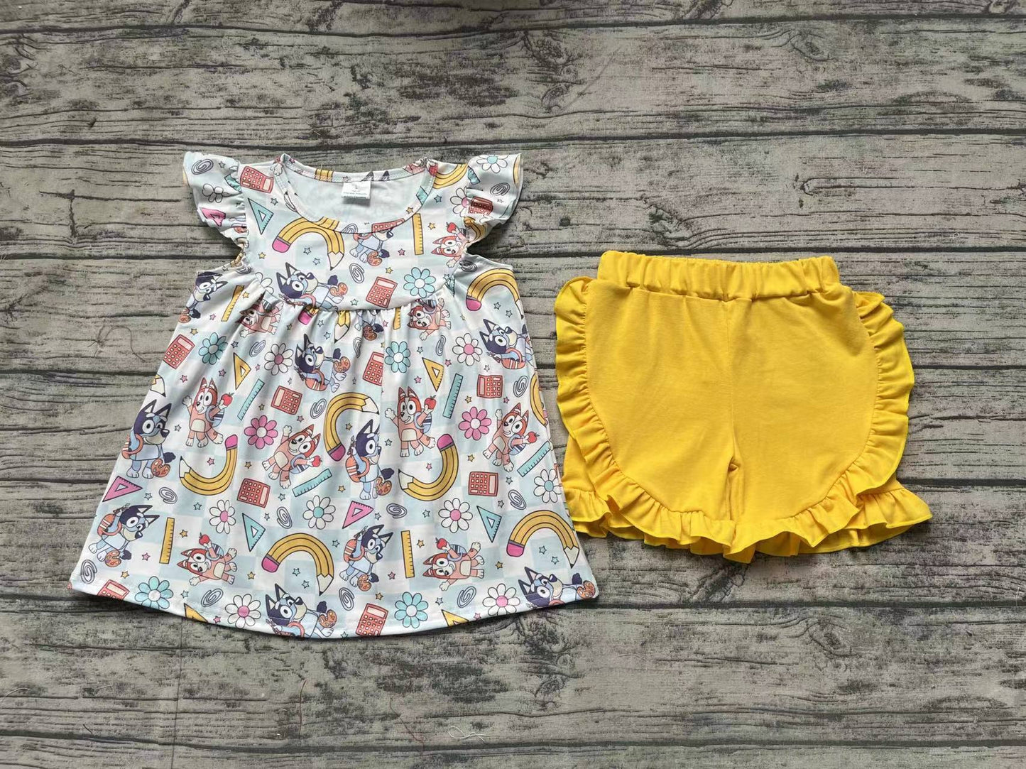 Baby Girls Dogs Back To School Flutter Sleeve Tunic Top Shorts Clothes Sets