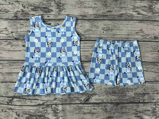 Baby Girls Blue Dogs Flowers Tunic Top Shorts Clothes Sets