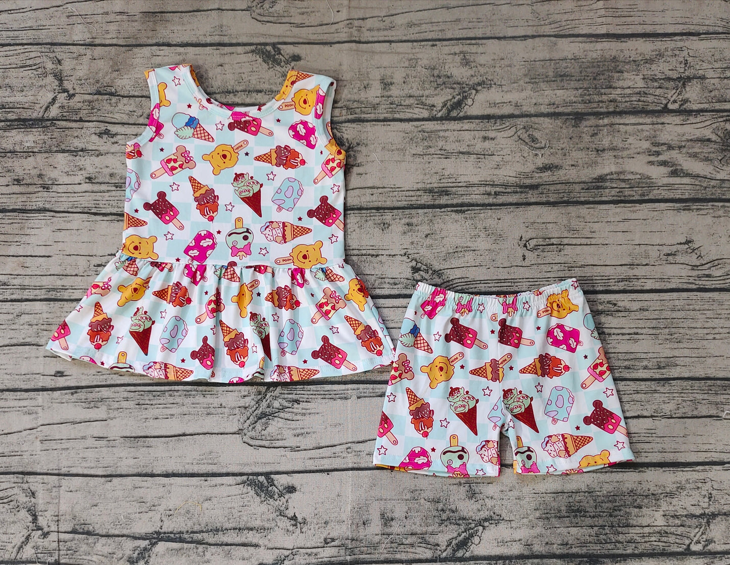 Baby Girls Cartoon Bears Popstick Tunic Shorts Clothes Sets