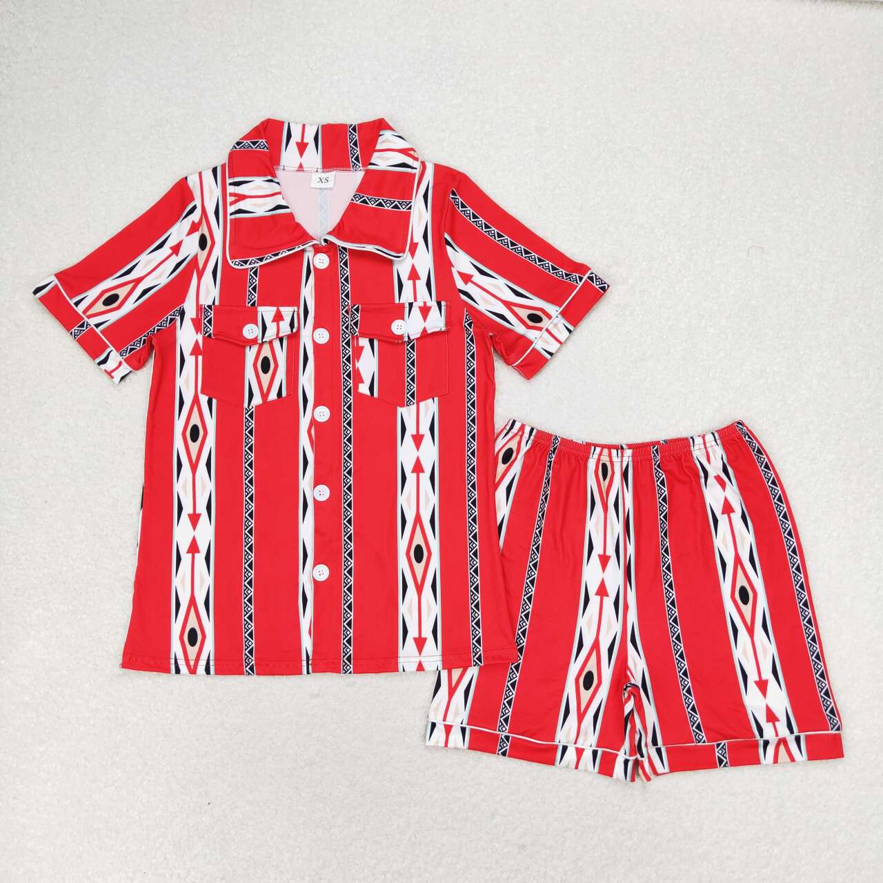 Sibling Adult Women Leopard Aztec Smiles Button Pockets Top Shorts Western Pajamas Set