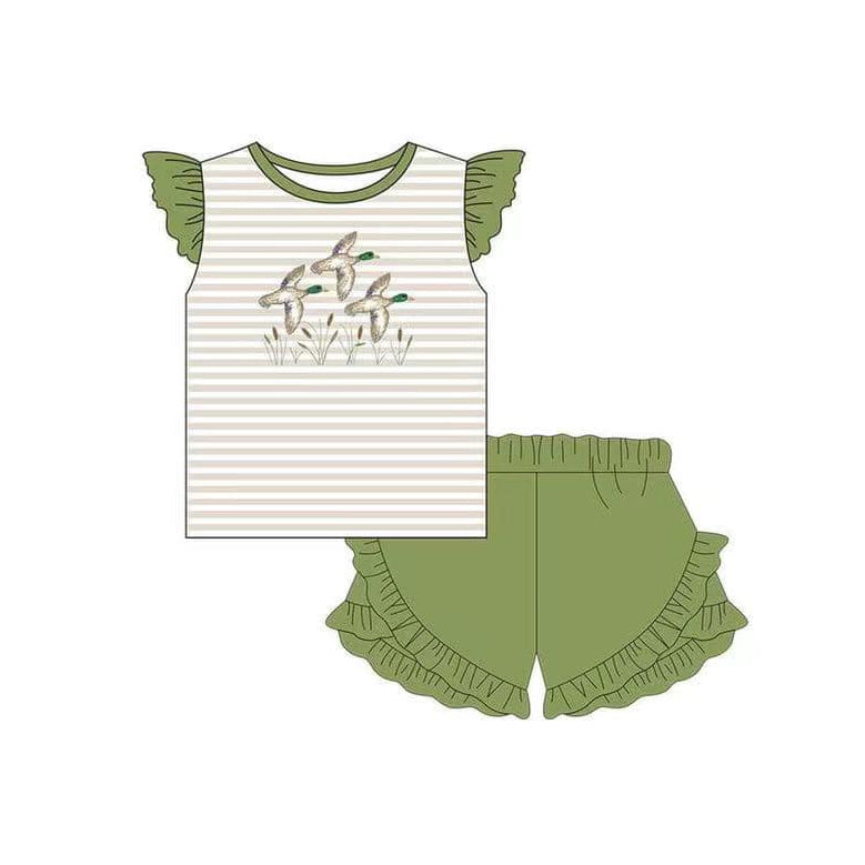 Baby Girls Flutter Sleeve Ducks Shirt Ruffle Shorts Clothes Sets Preorder