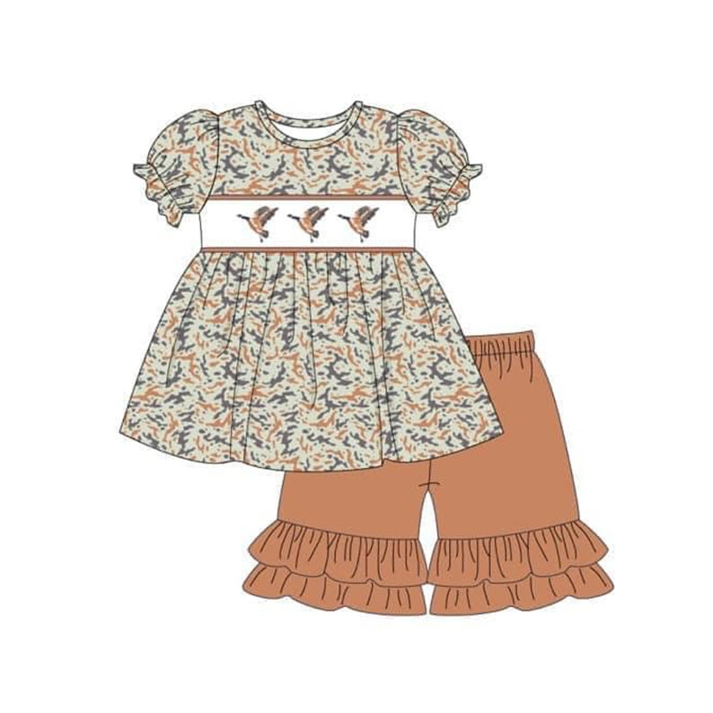 Baby Girls Camo Ducks Short Sleeve Tops Ruffle Shorts Clothes Sets Preorder