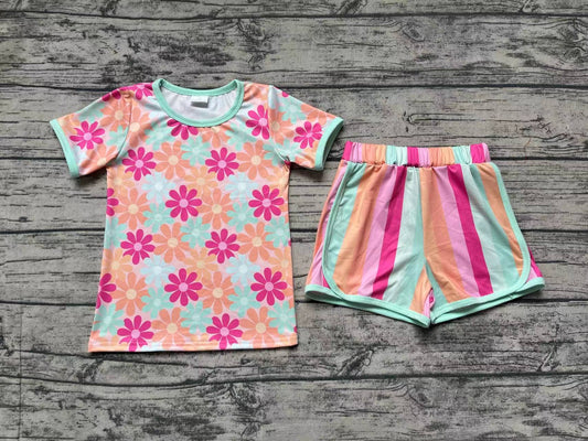 Baby Girls Blue Flowers Western Tee Shirts Stripes Shorts Summer Clothes Sets