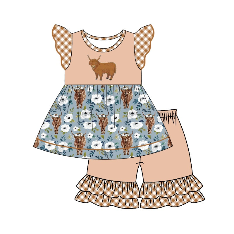 Baby Girls Flowers Highland Cow Flutter Sleeve Tunic Ruffle Shorts Clothes Sets Preorder