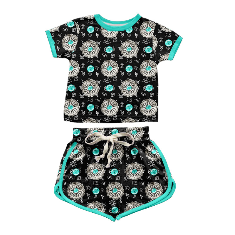 Baby Girls Turquoise Western Tee Shirts Top Short Clothes Sets Preorder