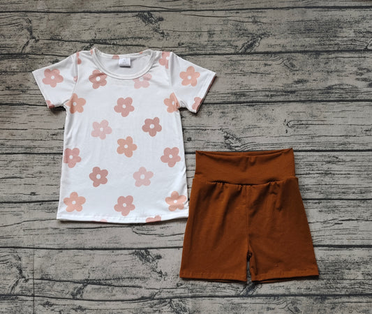 Baby Girls Flowers Short Sleeve Tops Brown Biking Shorts Clothes Sets