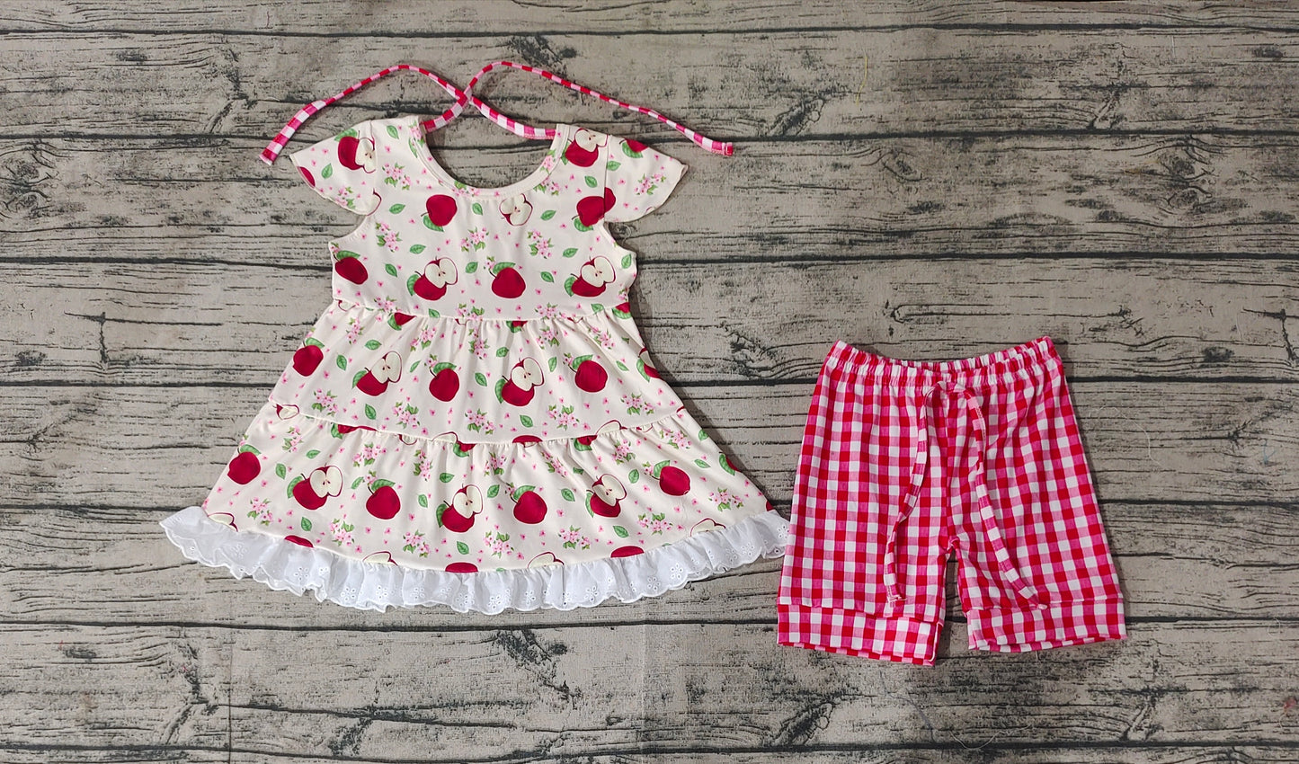 Baby Girls Apples Back To School Tunic Checkered Shorts Clothes Sets