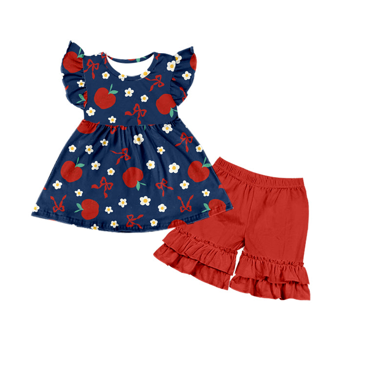 Baby Girls Apple Back To School Tunic Red Ruffle Shorts Clothes Sets Preorder