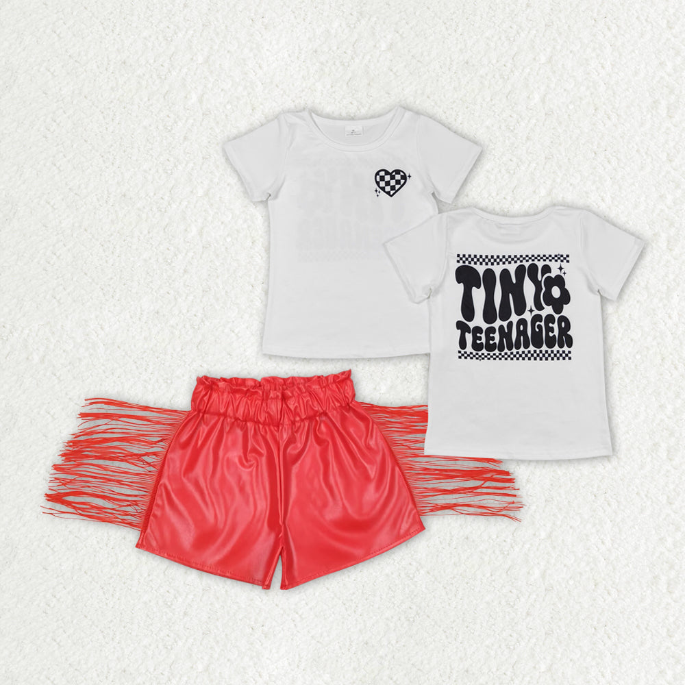 Baby Girls Little Teenager Shirts Tops Red Leather Tassel Shorts Clothes Sets