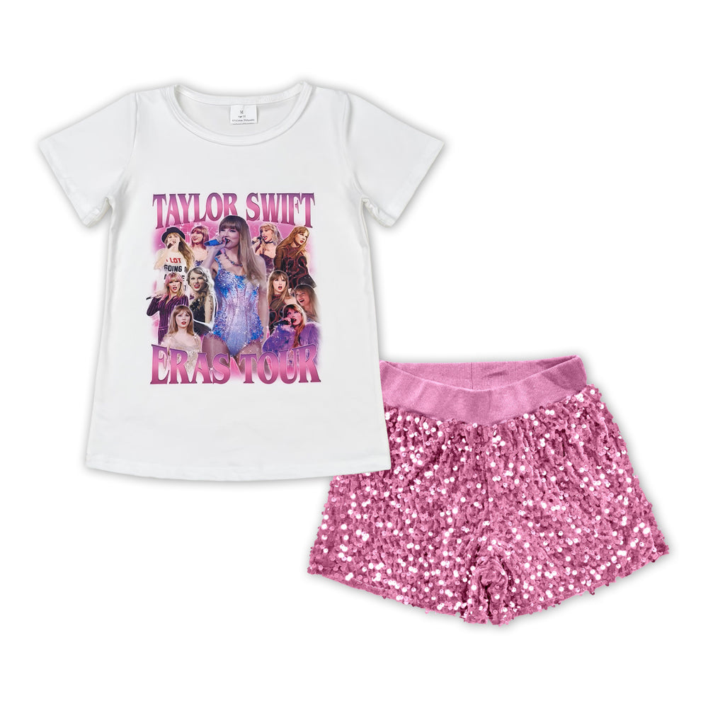 Baby Girls Singer Era Tee Shirts Pink Sequin Shorts Clothes Sets