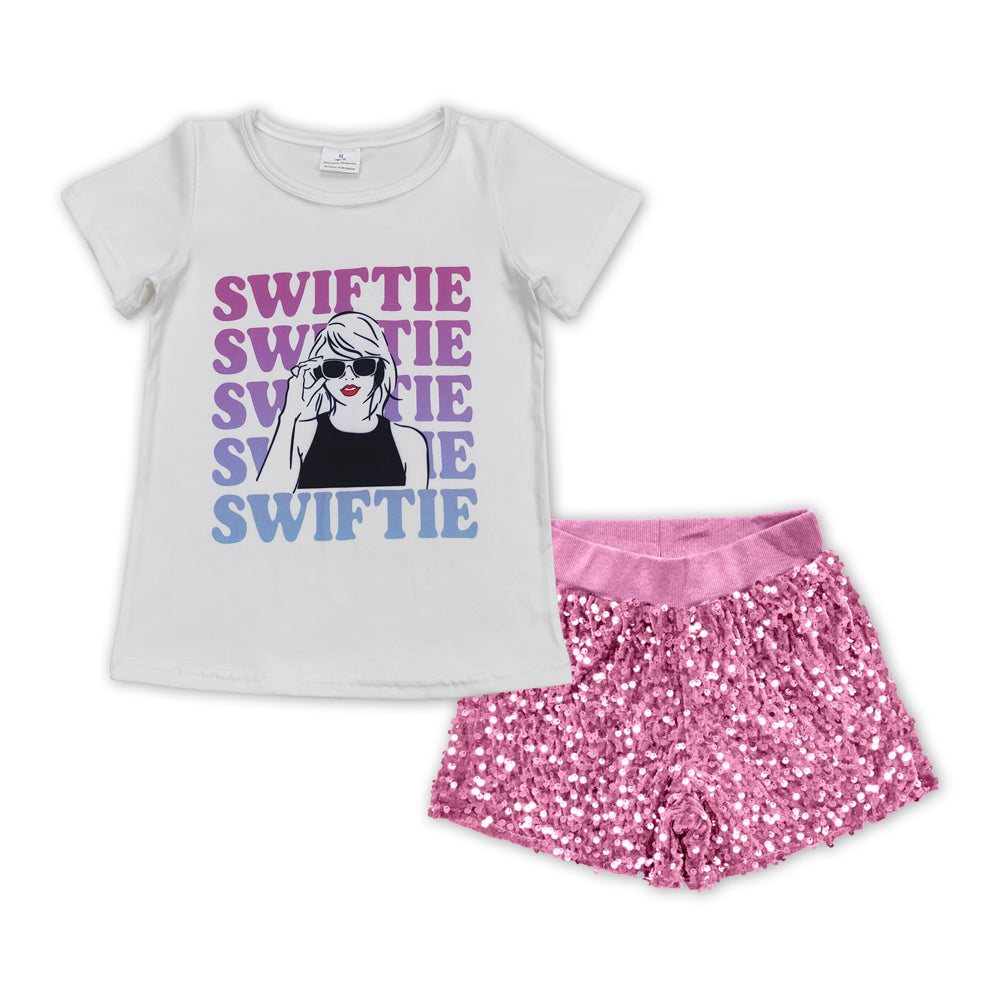 Baby Girls Singer TS Tee Shirts Pink Sequin Shorts Clothes Sets