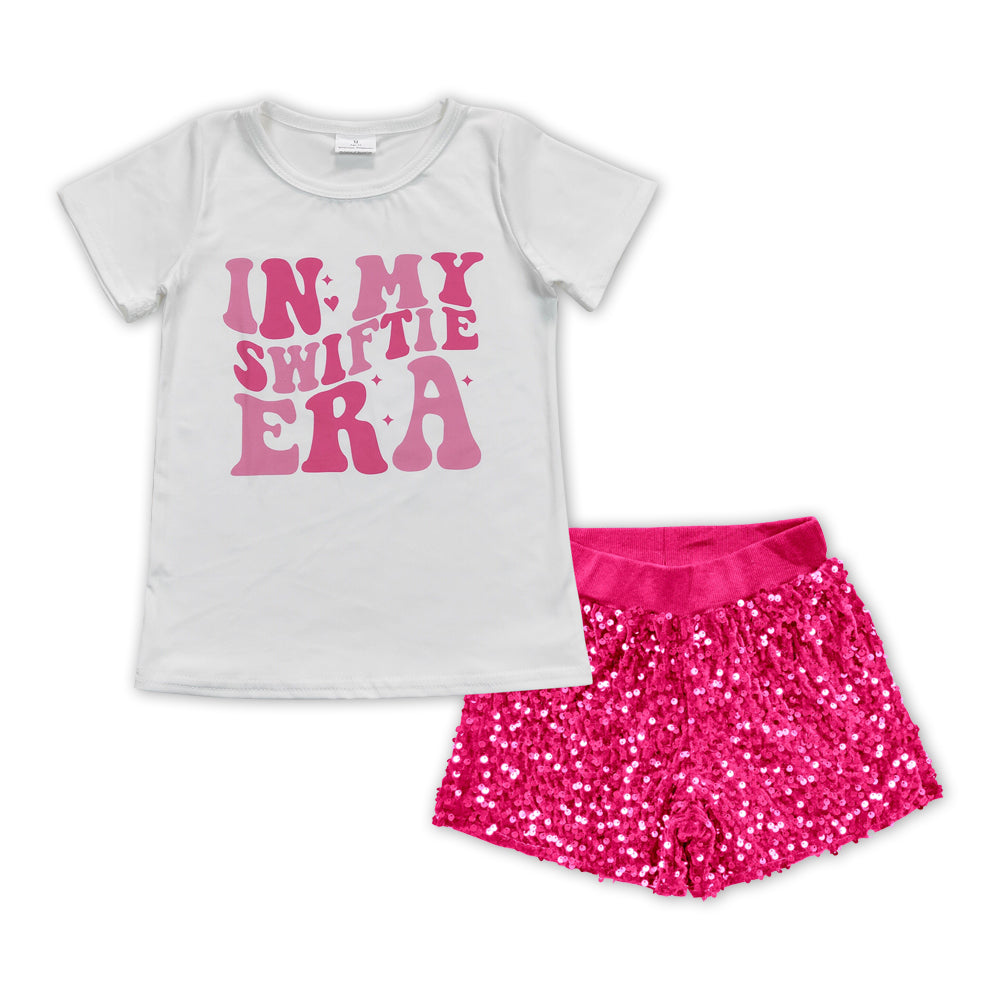 Baby Girls Singer Era Tee Shirts Hot Pink Sequin Shorts Clothes Sets
