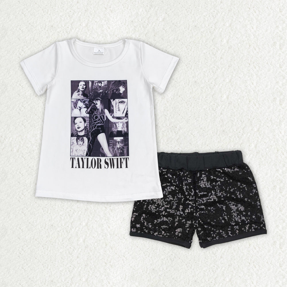 Baby Girls Singer White Shirt Black Sequin Shorts Clothes Sets