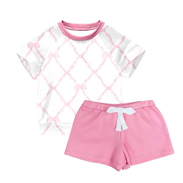 Preorder moq 5 Baby Girls Pink Bows Shirt Sports Shorts Clothes Sets