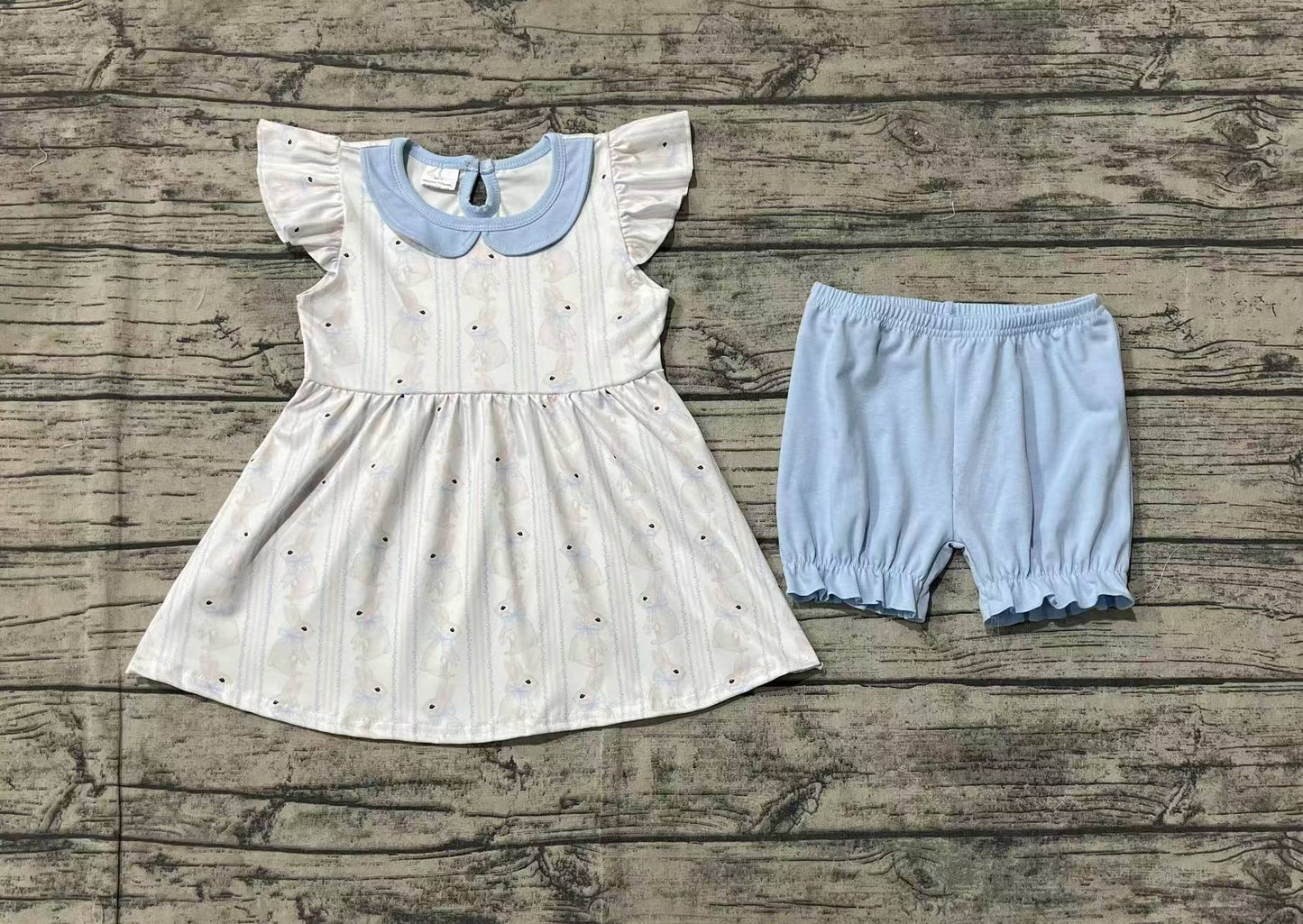 Baby Girls Easter Blue Rabbits Tunic Shorts Clothes Sets