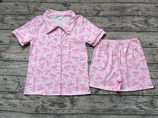 Adult Women Pink Bows Buttons Tops Shorts Pajamas