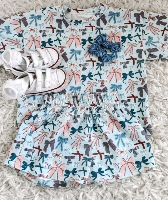 Preorder moq 5 Baby Girls Blue Colorful Bows Shirts Shorts Clothing Sets